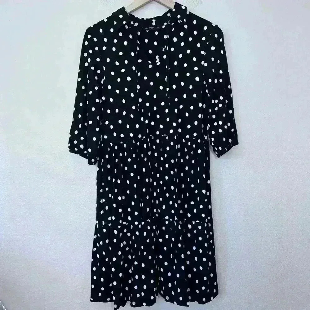 F&F DRESS BLACK AND WHITE POLKA DOT KNEE LENGTH SIZE 10 UK Size 6 US